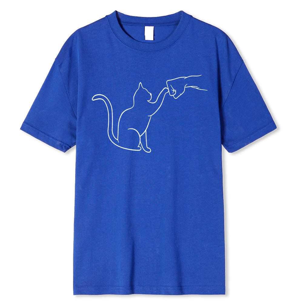 Blue men's T-shirt with funny cat and man print, comfortable 100% cotton O-neck tee, casual hip-hop style from TrendyPet's Zone.
