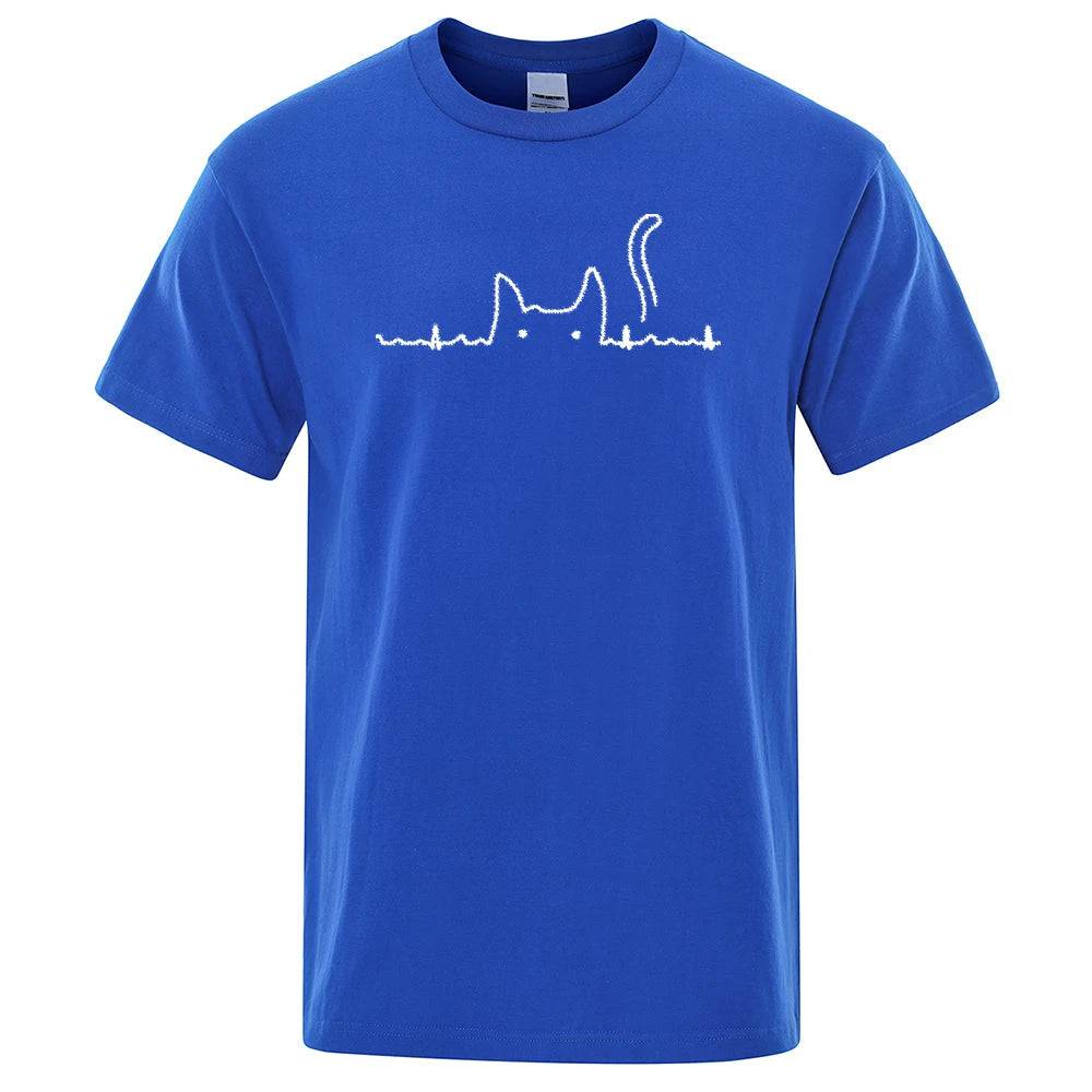 Blue Casual Men's T-Shirts Cat Cute Printed Summer Cotton O-Neck Short Sleeve Top Tee T-shirts - TrendyPet's Zone