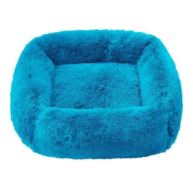 Blue fluffy dog sofa bed for small to large dogs, plush indoor pet mat with cozy design, ideal for winter warmth and indoor sleeping.
