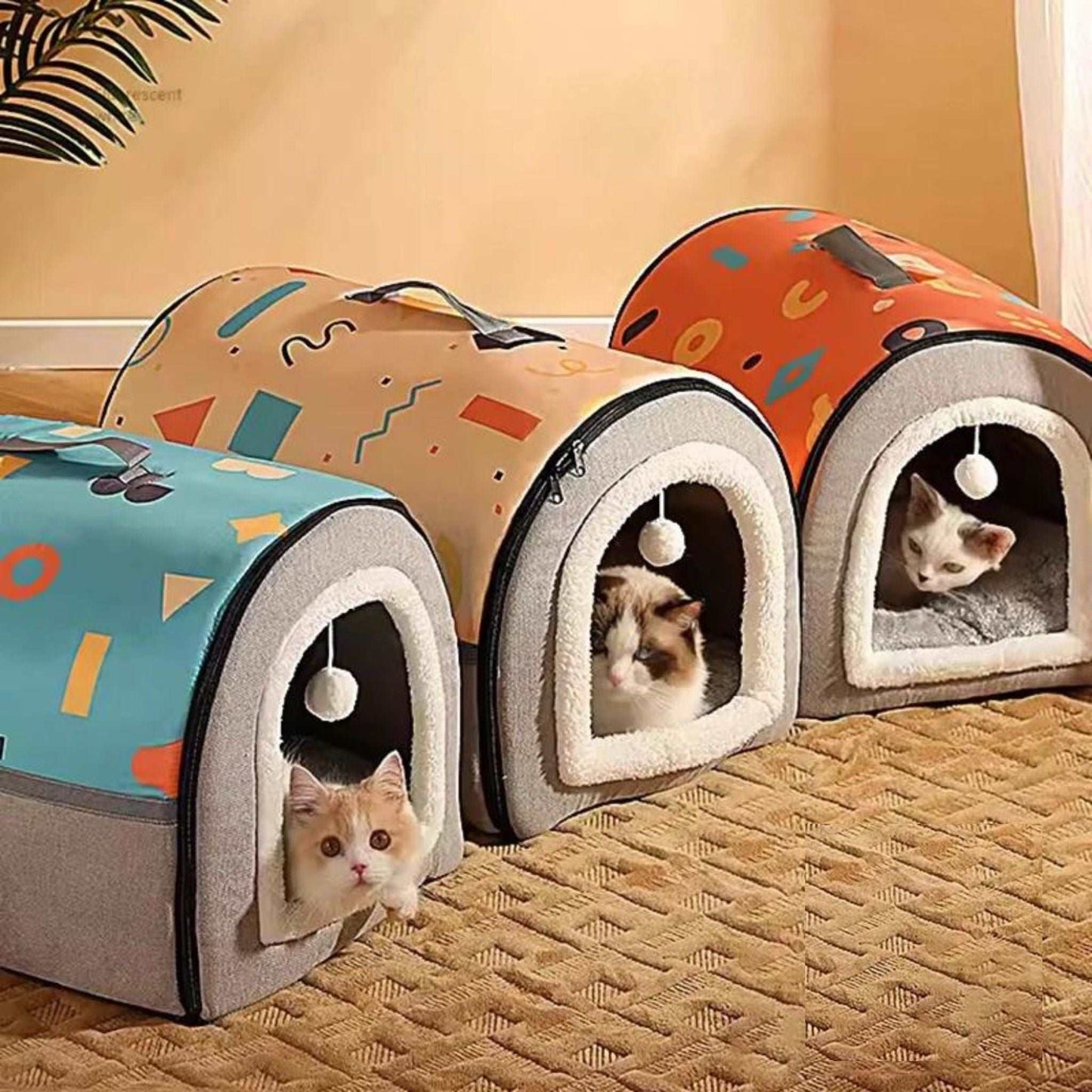 Blue-gray breathable plush cat bed house with washable soft cushion, designed for small to medium cats by TrendyPet's Zone.