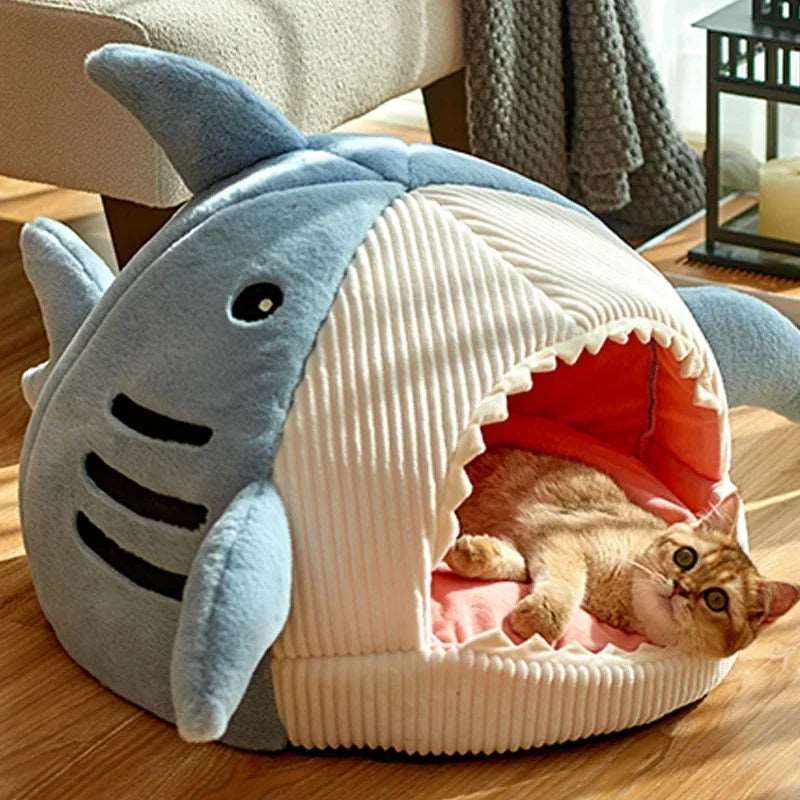 Blue-gray shark-shaped cat bed from TrendyPet's Zone, semi-closed kitten hideout and cozy house for cats and small pets.