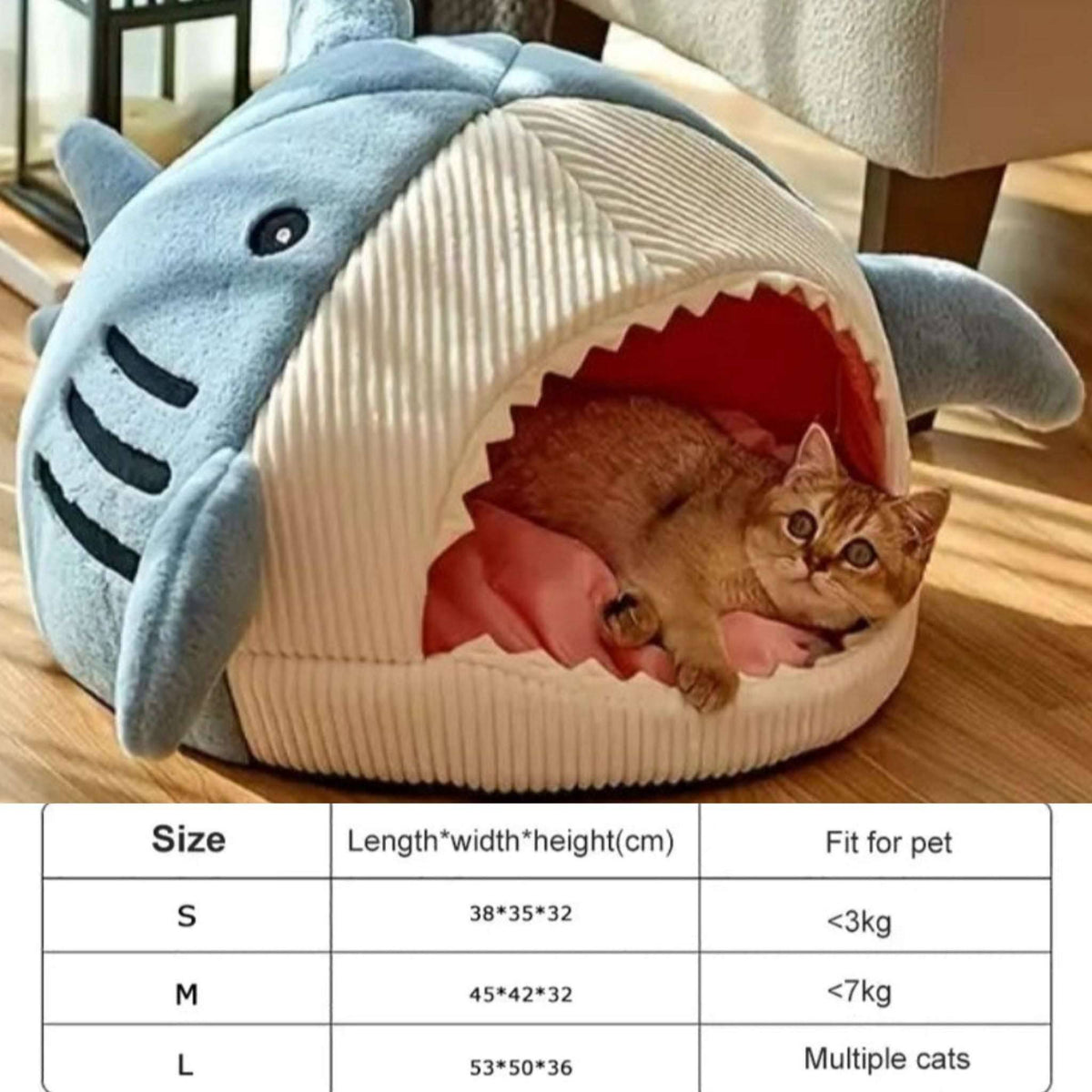 Blue-gray shark-shaped cat bed by TrendyPet's Zone, semi-closed kitten hideout and nest for cozy indoor comfort.
