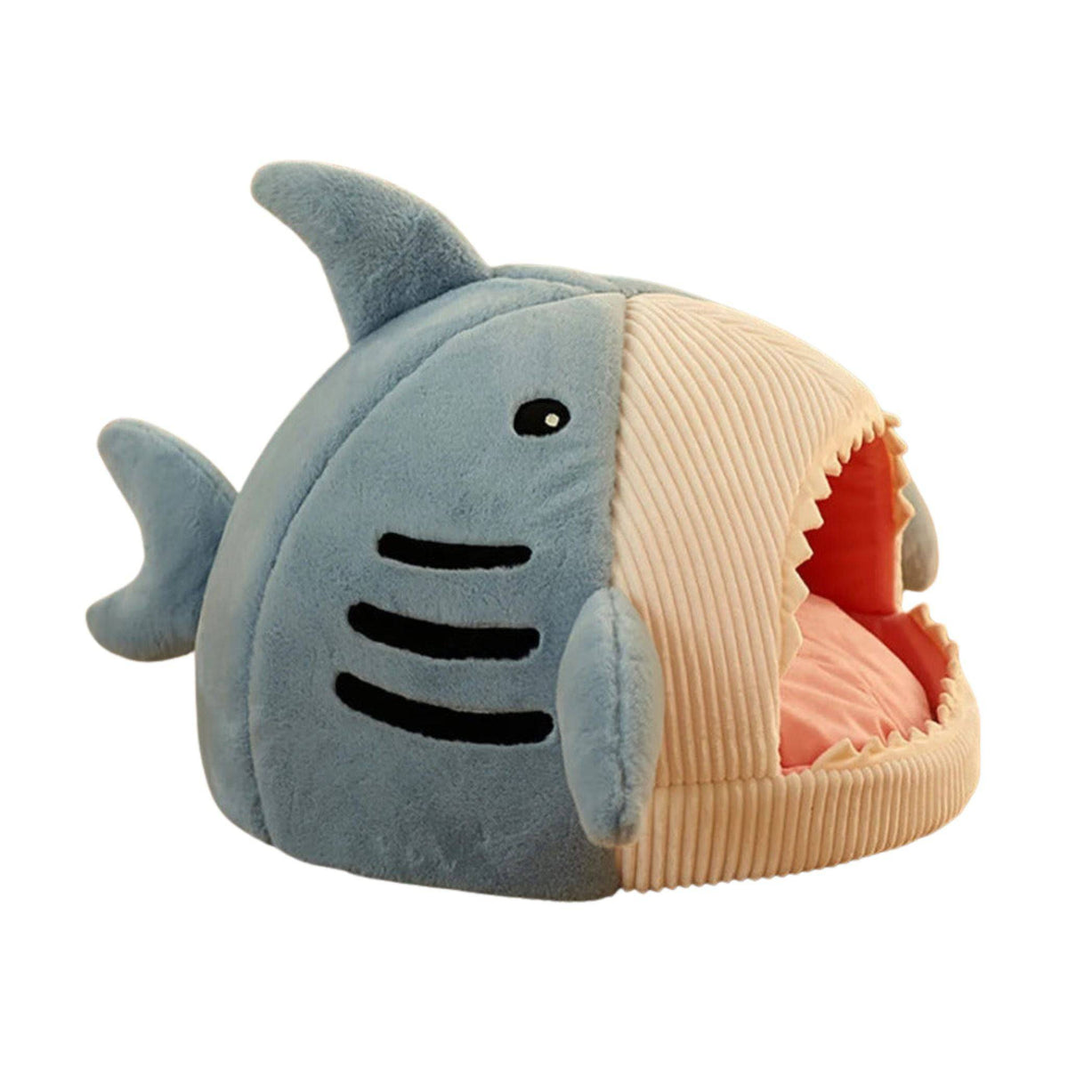Blue-gray shark-shaped cat bed and hideout from TrendyPet's Zone, a cozy semi-closed kitten kennel and mat for cats.