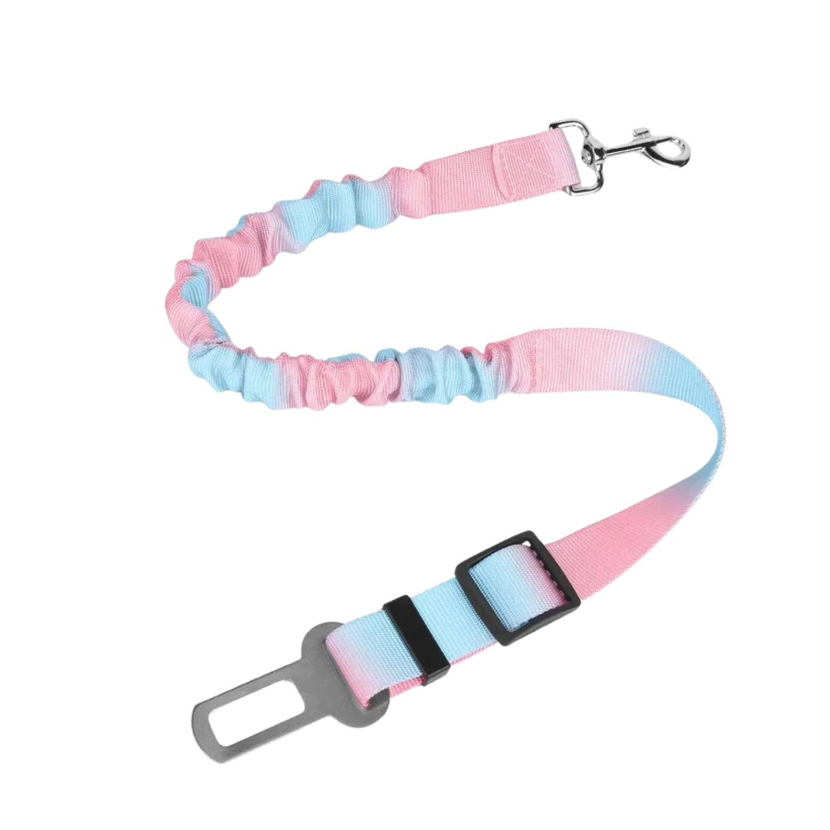 Blue and pink pastel elastic pet car seat belt with adjustable shock-absorbing harness for dogs and cats by TrendyPet's Zone.