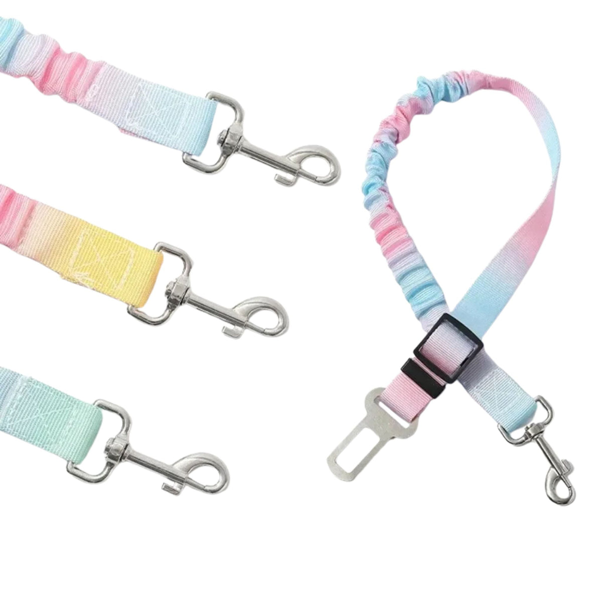 Blue and pink pastel elastic pet car seat belt leash for dogs and cats, adjustable shock-absorbing safety harness tether by TrendyPet's Zone.