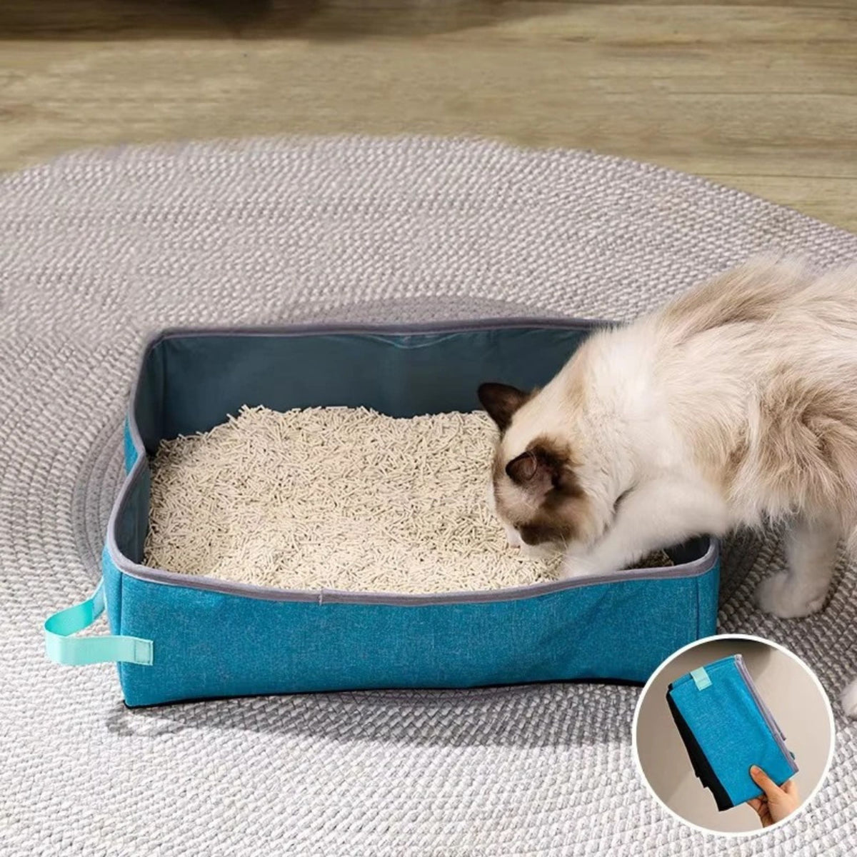 Gray semi-enclosed foldable cat litter box by TrendyPet's Zone, waterproof Oxford cloth, portable large litter tray for kittens.
