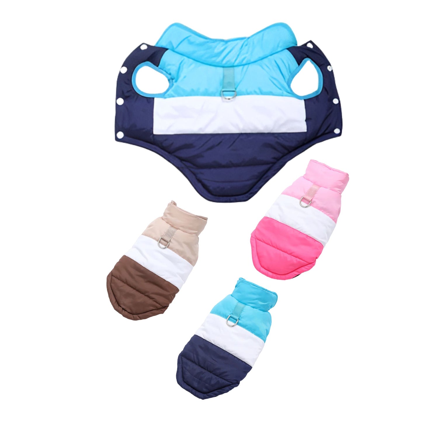 Blue winter dog coat with built-in harness ring, lightweight and warm, from TrendyPet's Zone. Perfect for cold weather walks.