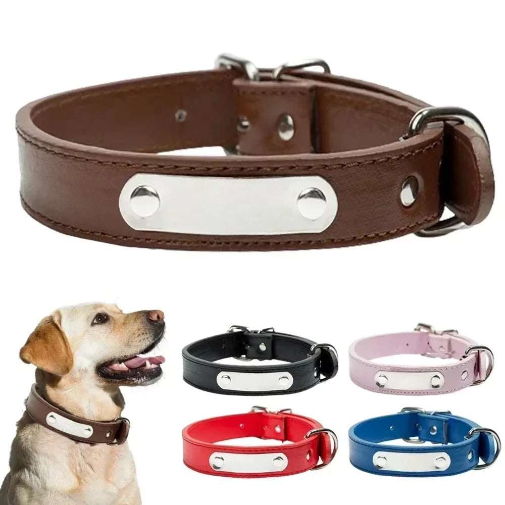 Brown Adjustable PU Leather Dog Collar with ID Tag TrendyPet's Zone