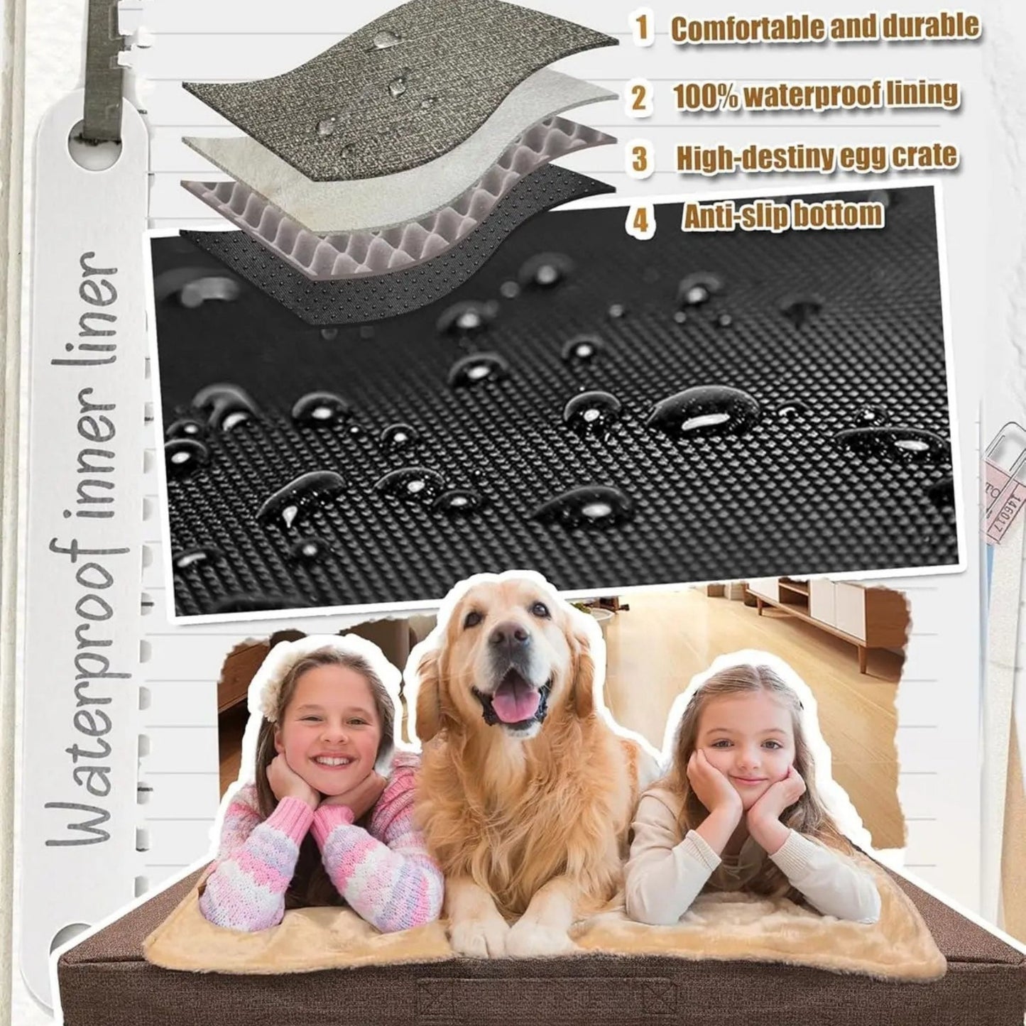Brown Orthopedic Waterproof Dog Bed with Removable Washable Cover and Nonskid Bottom for Crate, Memory Foam XL Size 42" × 29" × 4" TrendyPet's Zone