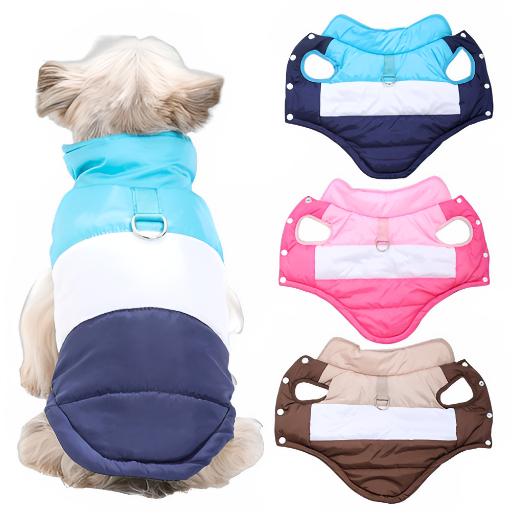 Blue winter dog jacket with built-in harness ring from TrendyPet's Zone, lightweight and warm coat for outdoor walks.