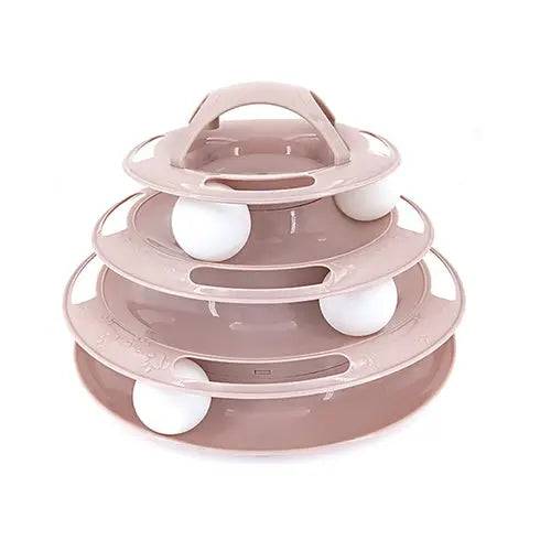 Burgundy 4-level plastic cat toy tower with tracks, triple disc tumbler, and interactive ball for kittens and cats.