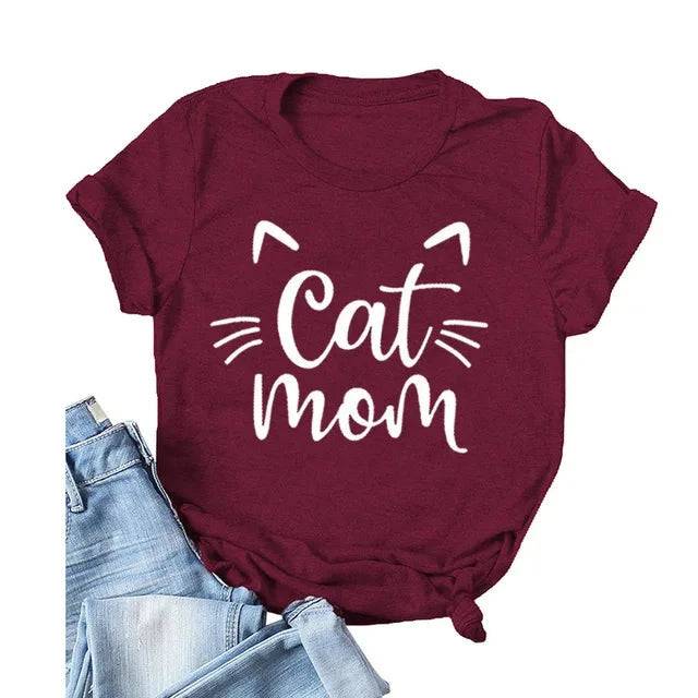 Burgundy "Cat Mom" Vivid Letter Print Women T-Shirt Short Sleeve O-Neck Loose Ladies Tee Tops Clothes - TrendyPet's Zone