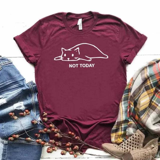 Burgundy Not Today Cat Women T-shirt Cotton Casual Funny For Lady Girl Top Tee - TrendyPet's Zone