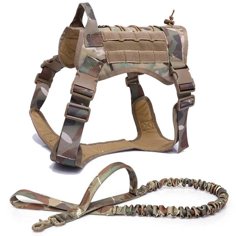 Camouflage tactical dog vest with military harness and leash set, featuring pockets for supplies, by TrendyPet's Zone.
