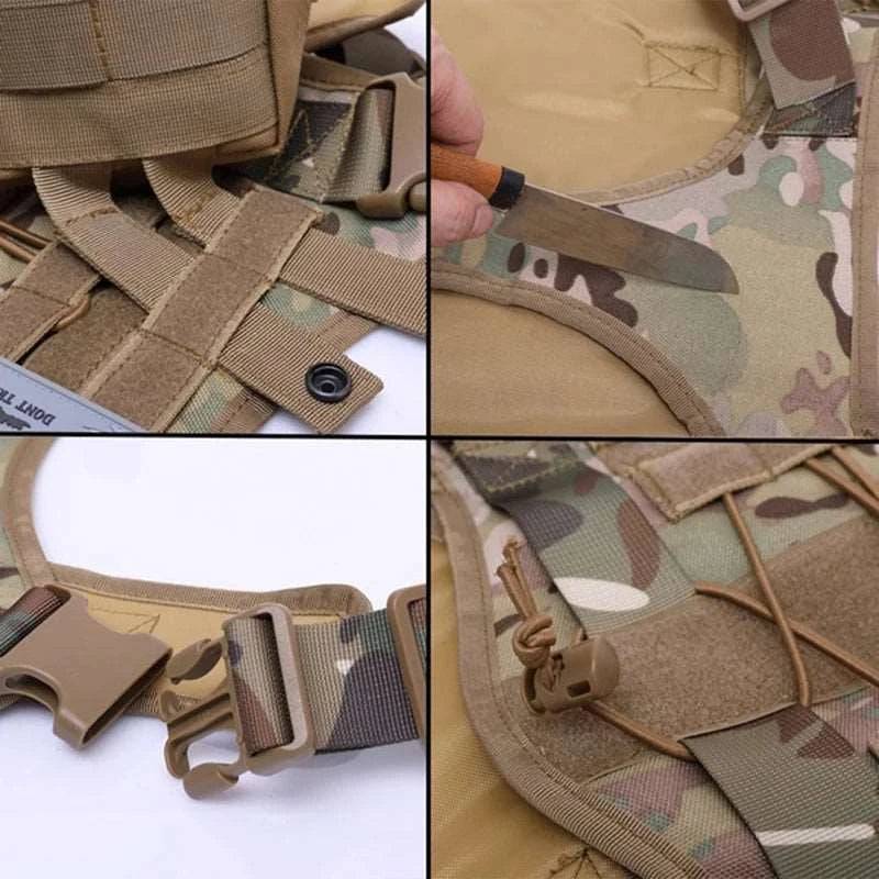 Camouflage tactical dog harness and leash set by TrendyPet's Zone, featuring military-style design with bags for outdoor walks.