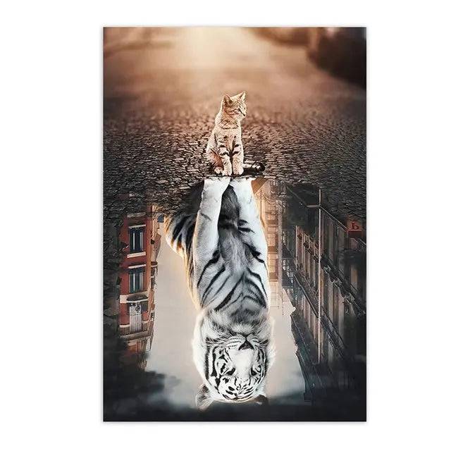 Black-and-white cat tiger reflection canvas wall art by TrendyPet's Zone, featuring a cute, funny cat image for home decor.
