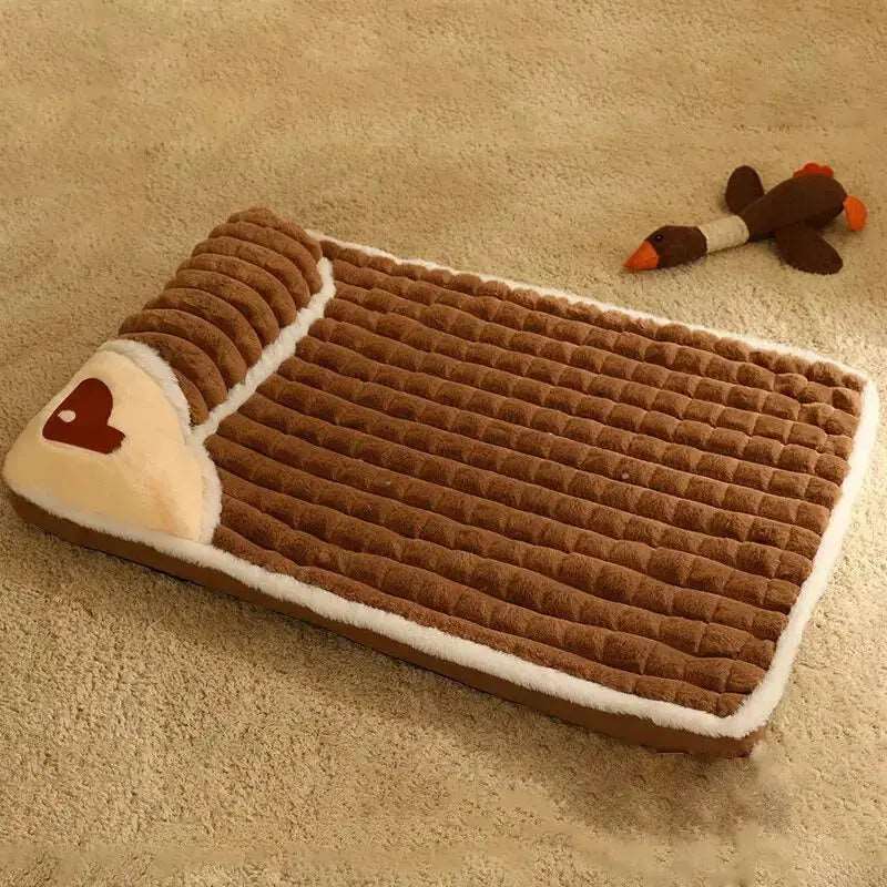 Cozy coffee-colored pet mat for dogs and cats, plaid plush, removable and washable pet bed for winter comfort.