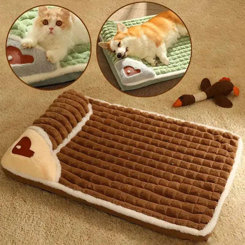 Cozy coffee-colored pet mat from TrendyPet's Zone, plaid fluffy design, removable and washable bed for small to large dogs and cats.