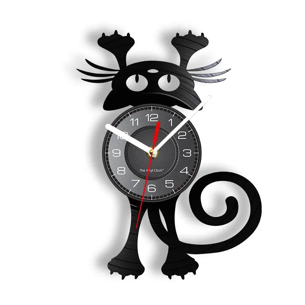 Crazy Cat Lady Wall Art (WITHOUT LED) Silhouette Kitten Cat with Funny Bottom Tail Home Decor Wall Clock Black Kitty Vinyl Record Clock Cat Pet Lover TRENDYPET'S ZONE