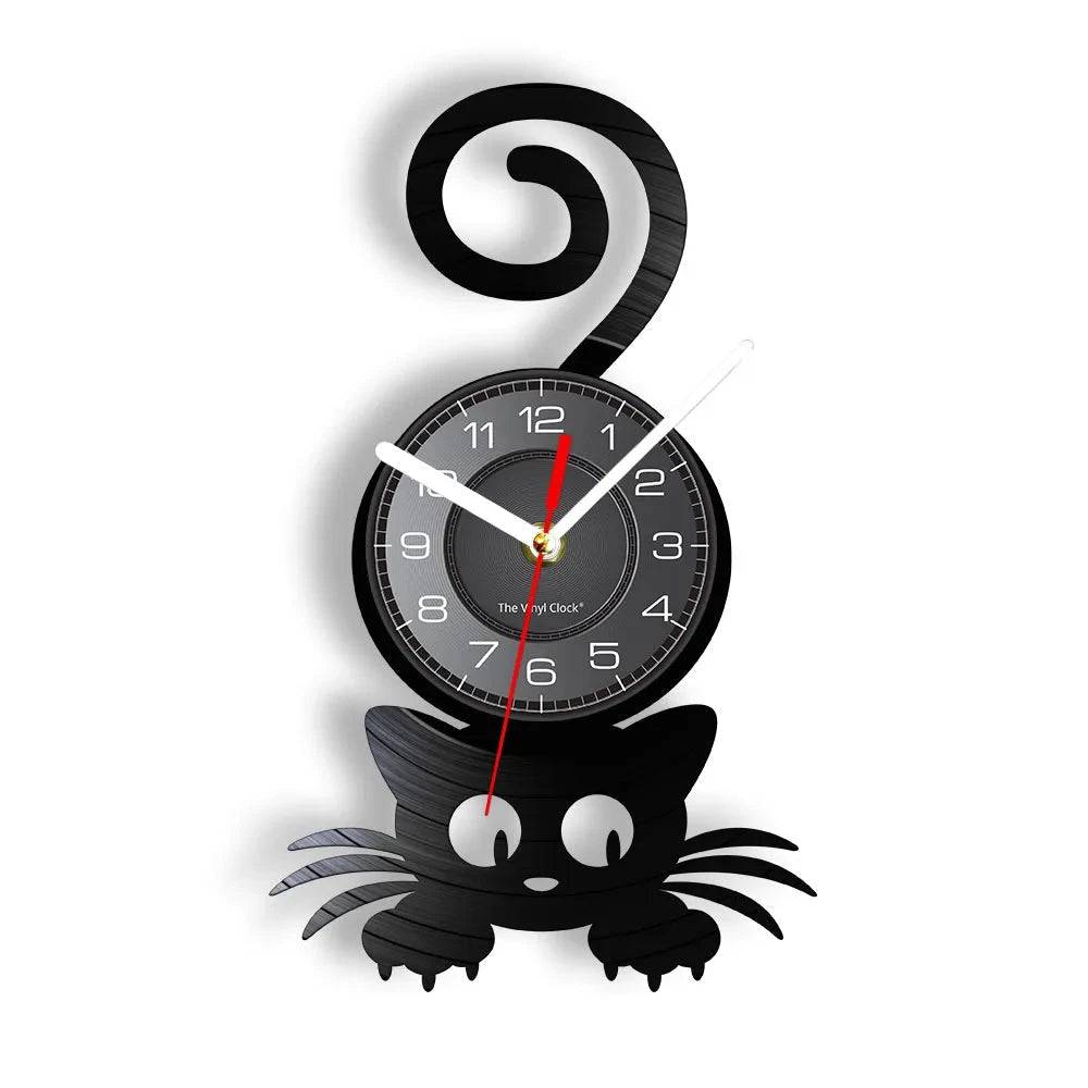 Black Crazy Cat Lady wall clock featuring a playful kitten silhouette and top tail design, perfect for pet lovers and home decor.
