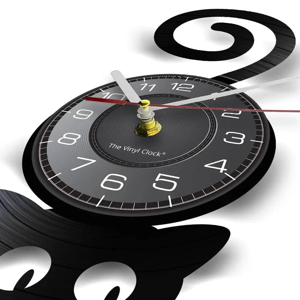 Black Crazy Cat Lady wall clock featuring a silhouette kitten with a funny top tail, home decor for cat pet lovers.