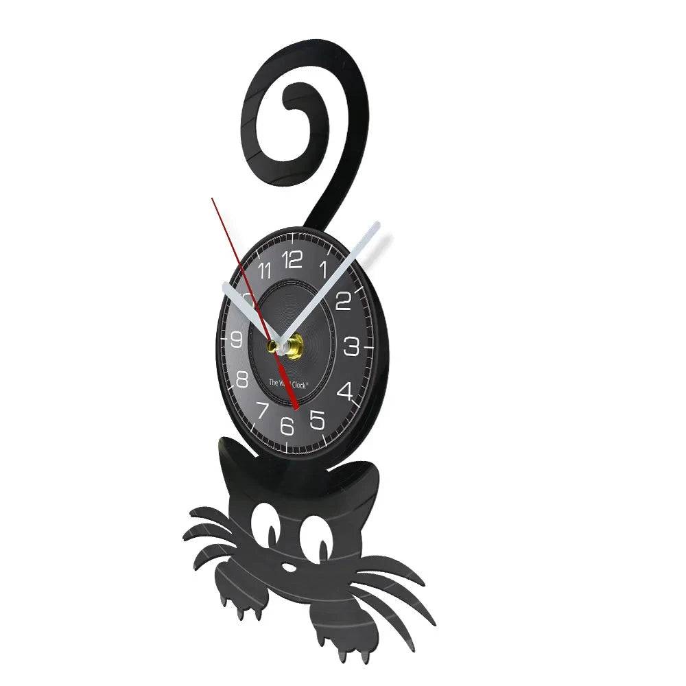 Black silhouette of a kitten with a funny top tail, wall clock featuring Crazy Cat Lady theme, vinyl record design, home decor.