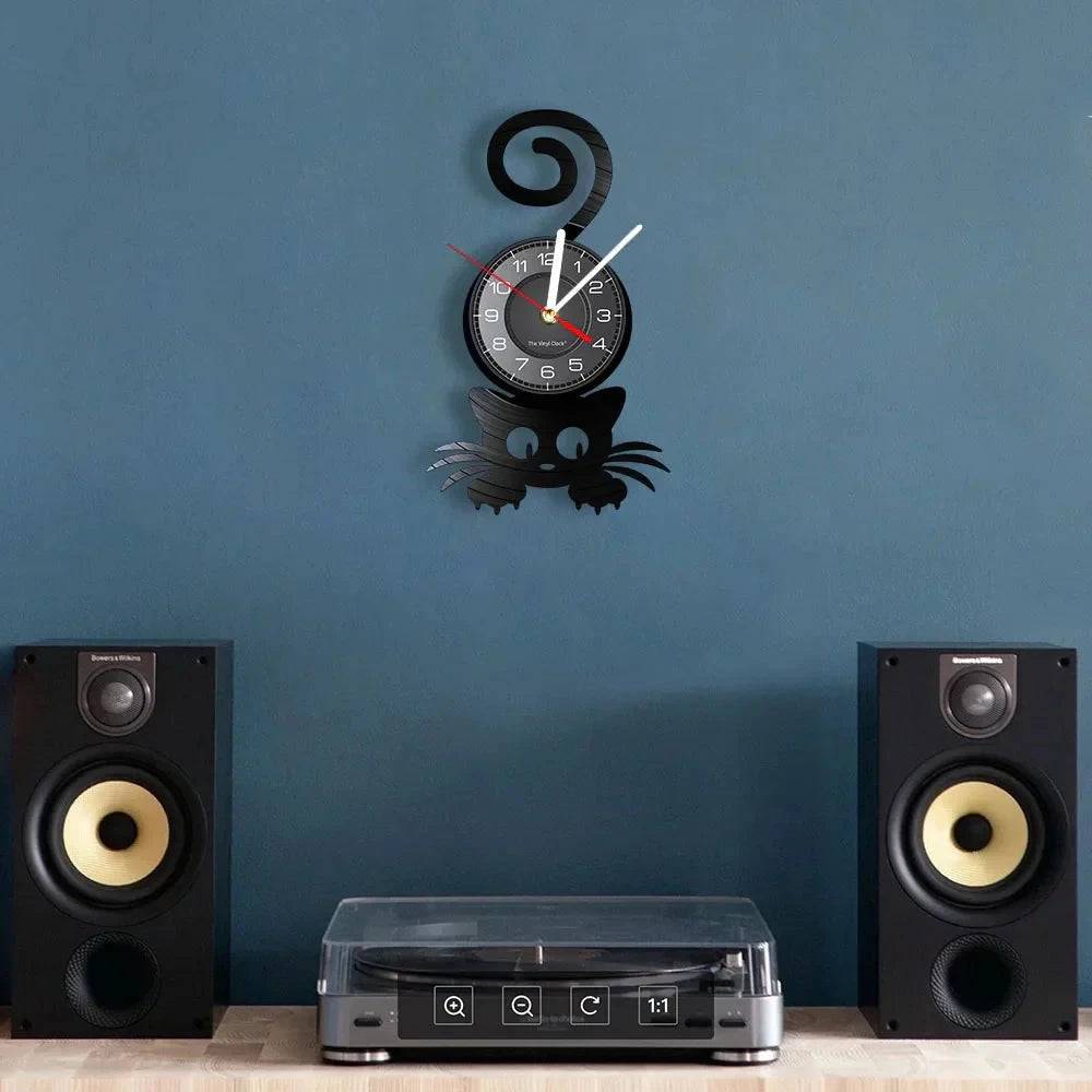 Crazy Cat Lady Wall Art (WITHOUT LED) Silhouette Kitten Cat with Funny Top Tail Home Decor Wall Clock Black Kitty Vinyl Record Clock Cat Pet Lover TRENDYPET'S ZONE