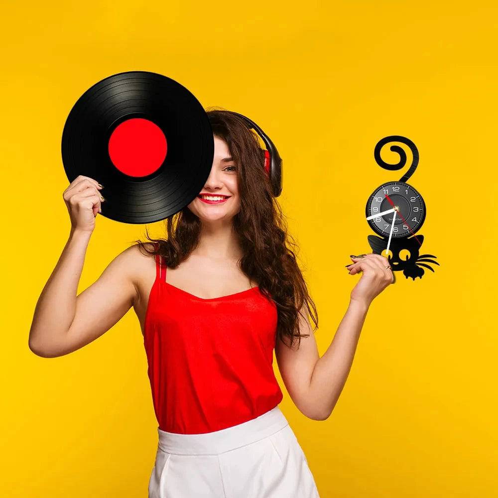Black Crazy Cat Lady wall clock featuring a silhouette kitten with a funny top tail, home decor for pet lovers.