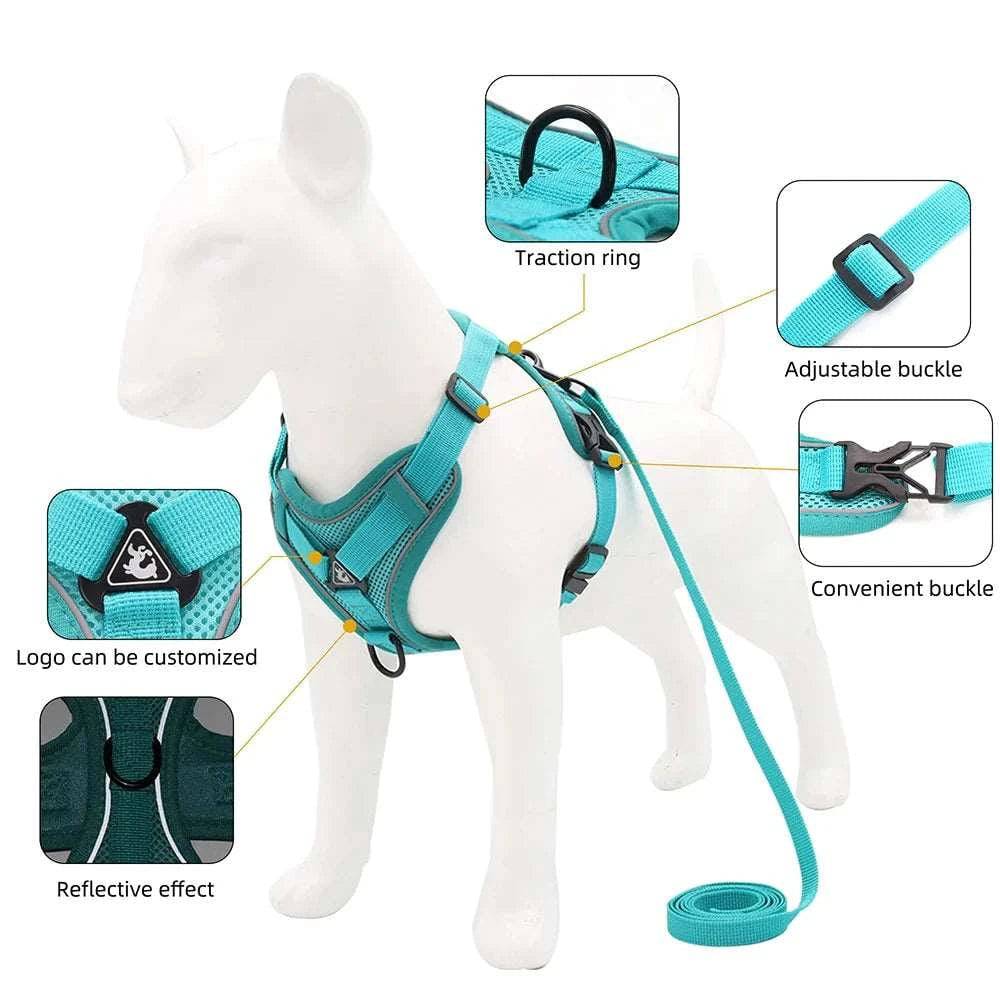Cyan Dog Harness Leash Set Reflective Breathable Vest Adjustable Chest Strap - TrendyPet's Zone
