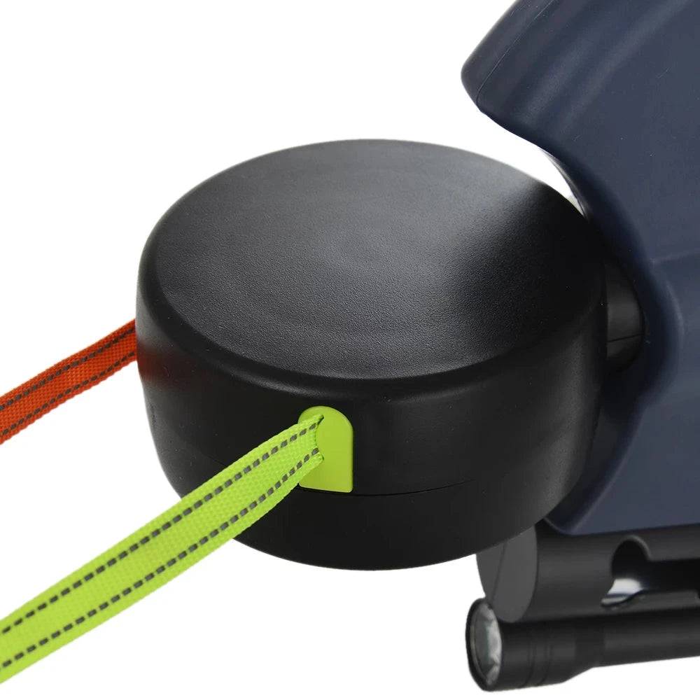Dark blue TrendyPet's Zone double automatic retractable dog leash with 360-degree rotation, flashlight, and garbage bag storage.