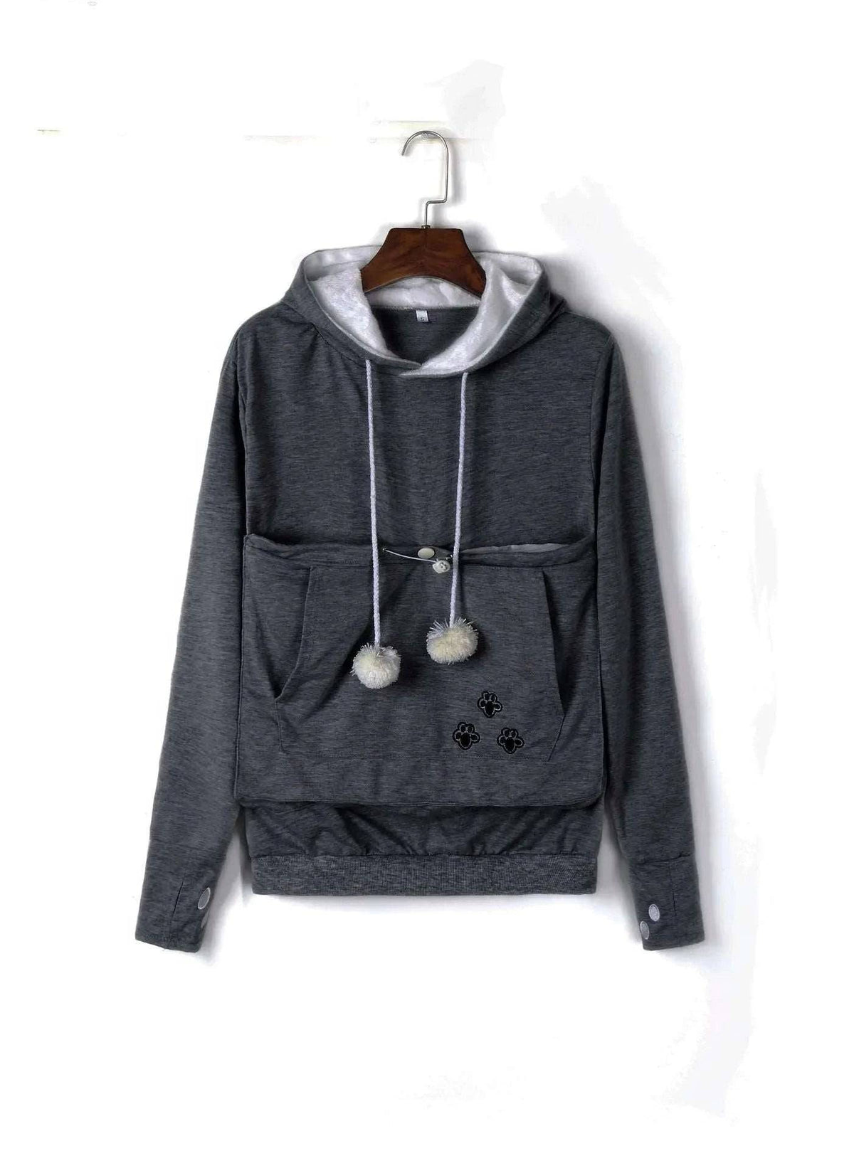 Dark gray pet lover hoodie with paw print, kangaroo pocket, paw ear details, and pom pom drawstrings, perfect for dog and cat owners.
