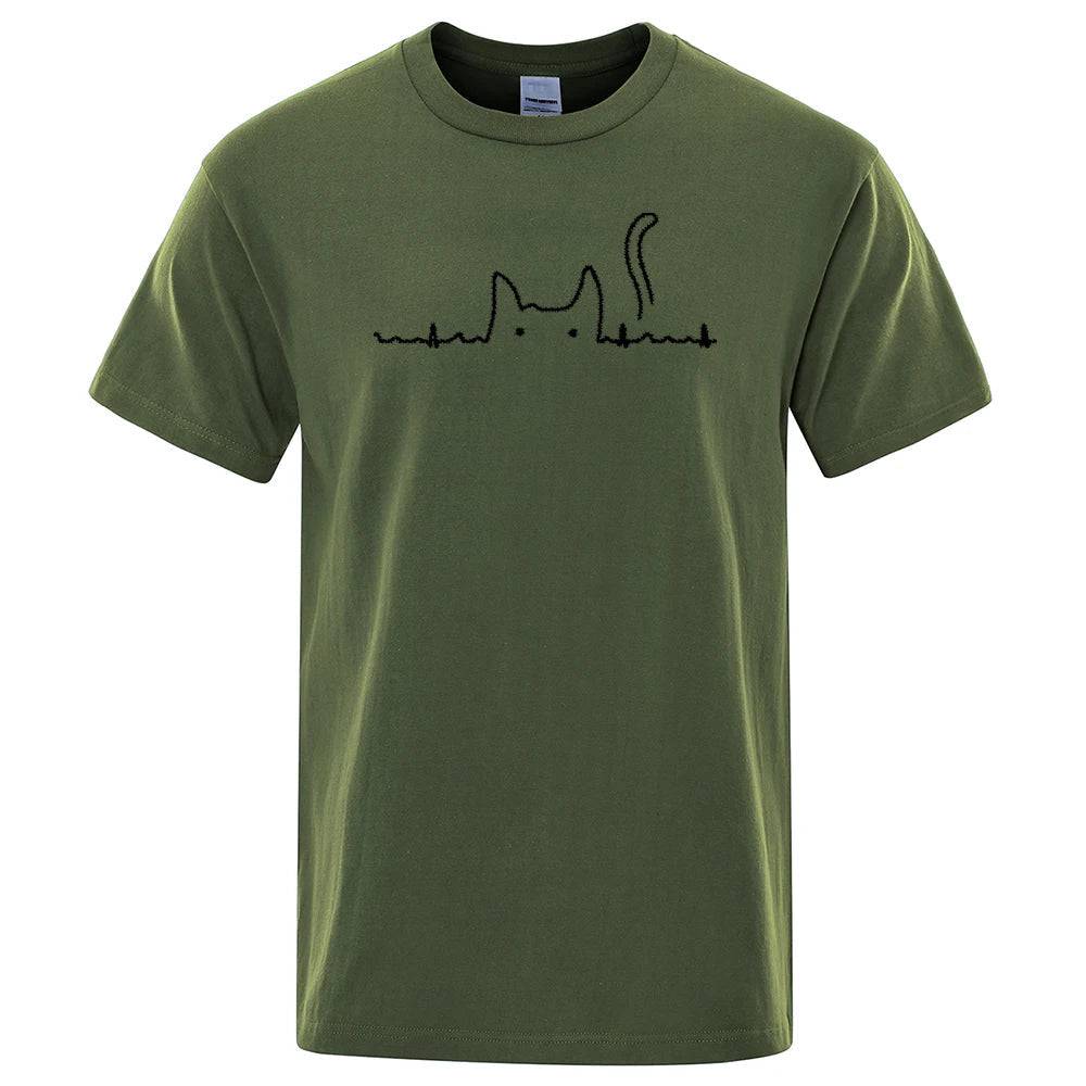 Dark green casual men's T-shirt with cute cat print, short sleeves, O-neck, cotton fabric, perfect for summer from TrendyPet's Zone.