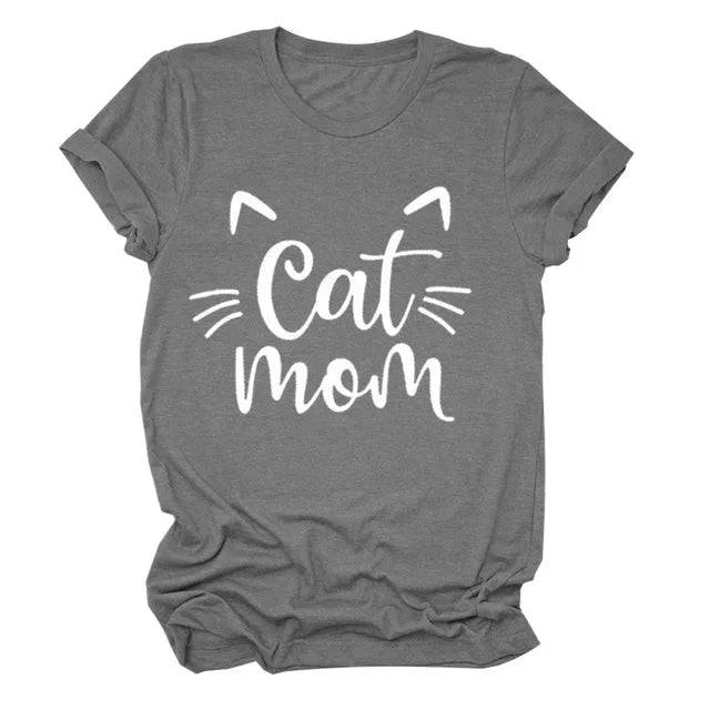 Dark Grey "Cat Mom" Vivid Letter Print Women T-Shirt Short Sleeve O-Neck Loose Ladies Tee Tops Clothes - TrendyPet's Zone