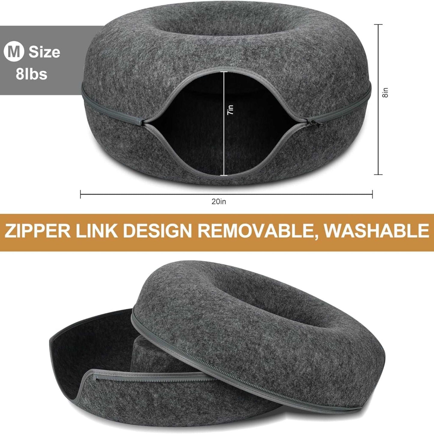 Dark Grey Donut Cat Bed for 2 Pets Tunnel Kitten House Basket Interactive Natural Felt Cave Nest - TrendyPet's Zone