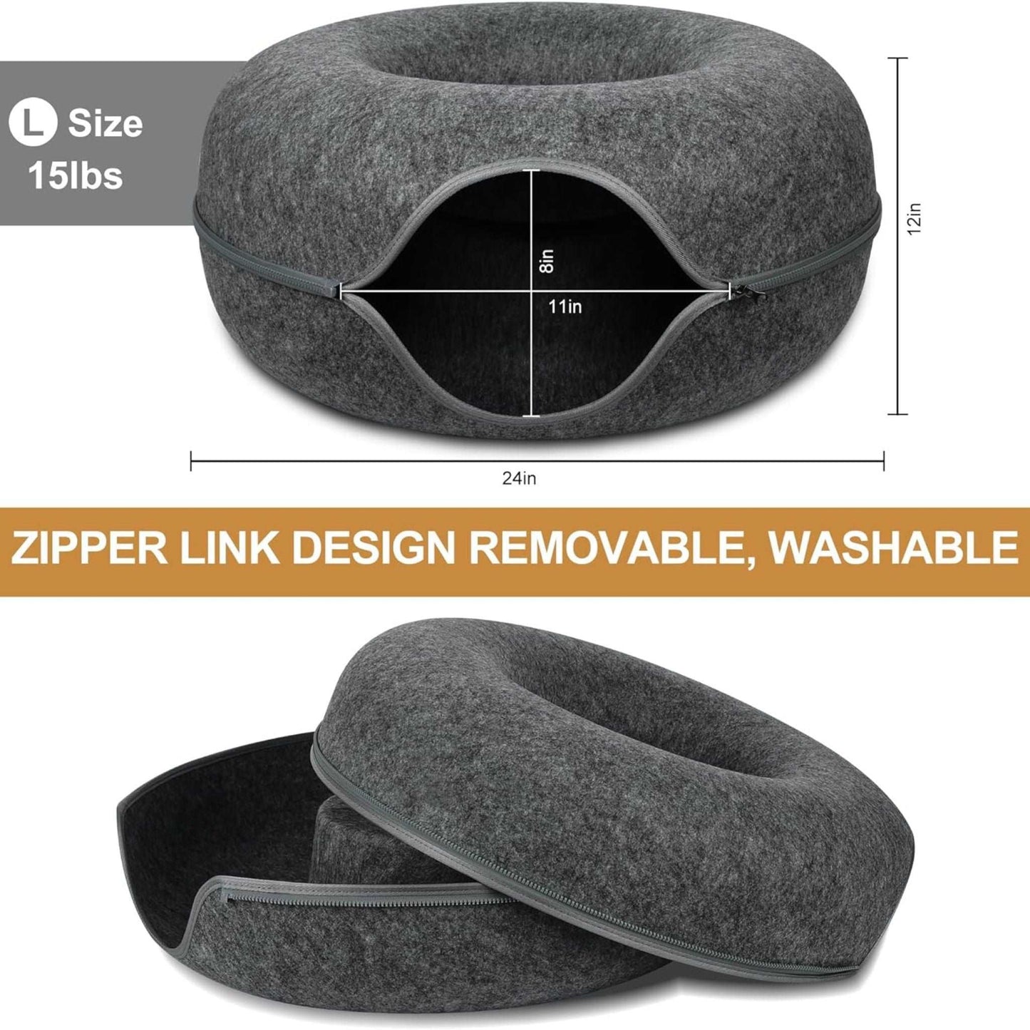 Dark Grey Donut Cat Bed for 2 Pets Tunnel Kitten House Basket Interactive Natural Felt Cave Nest - TrendyPet's Zone