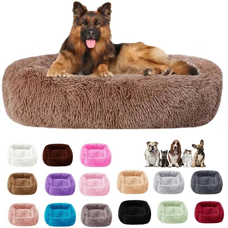 Dark grey fluffy dog sofa bed with plush interior, rectangular shape, suitable for small to large dogs, indoor winter warm pet sleeping kennel.