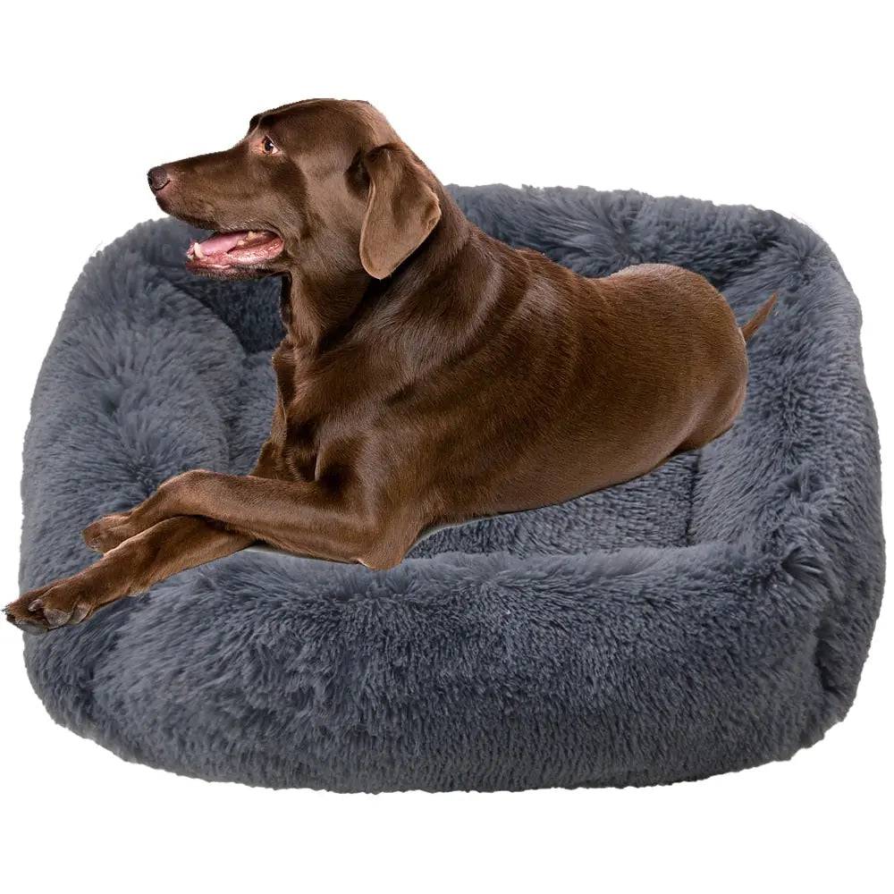 Dark grey fluffy dog sofa bed with plush interior, rectangular shape, suitable for small to large dogs, ideal for indoor winter warmth.