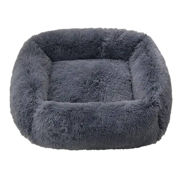 Dark grey fluffy dog sofa bed with plush interior, rectangular pet mat for small to large dogs, ideal for indoor winter warmth.