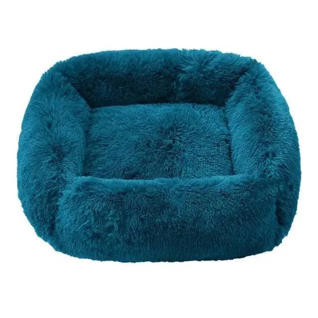Duck green fluffy dog sofa bed with plush interior, rectangular shape, ideal for small to large dogs, indoor winter pet sleeping kennel.