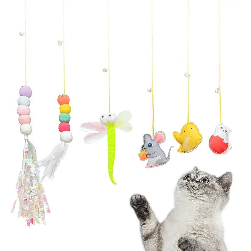 Feather caterpillar simulation cat scratch rope hanging toy by TrendyPet's Zone for interactive feline entertainment.