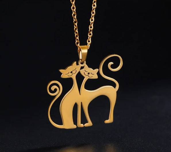 Gold 2 Cats Cute Necklace for Women Funny Animal Stainless Steel Pendant Jewelry TRENDYPET'S ZONE