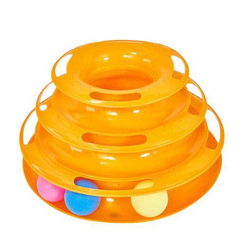 Gold 3/4-level plastic cat toy Tower with tracks, triple disc tumbler, and interactive ball for kitten entertainment.