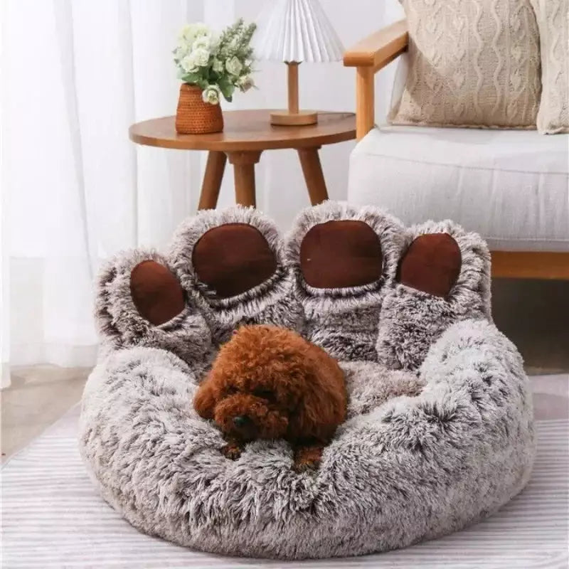 Large round dog bed by TrendyPet's Zone, featuring gradient coffee color, plush soft cushion, bear paw shape, ideal for deep, warm sleep.