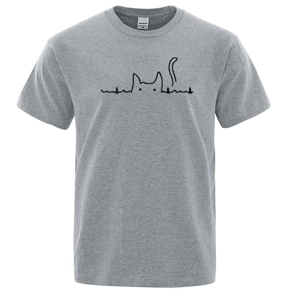 Gray Casual Men's T-Shirts Cat Cute Printed Summer Cotton O-Neck Short Sleeve Top Tee T-shirts - TrendyPet's Zone