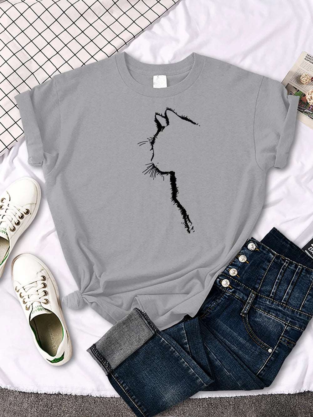 Gray Cat Funny Printed Women T-Shirt Fashion Casual Short Sleeve O-Neck Tee Clothing Summer Tops - TrendyPet's Zone