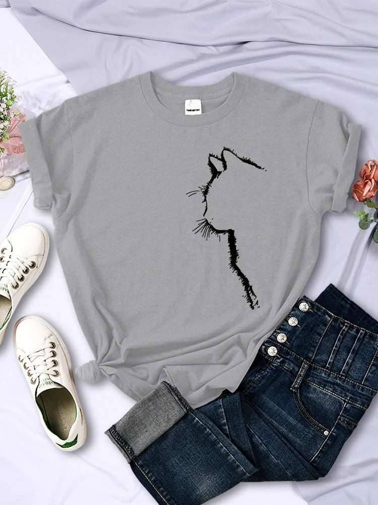 Gray Cat Funny Printed Women T-Shirt Fashion Casual Short Sleeve O-Neck Tee Clothing Summer Tops - TrendyPet's Zone