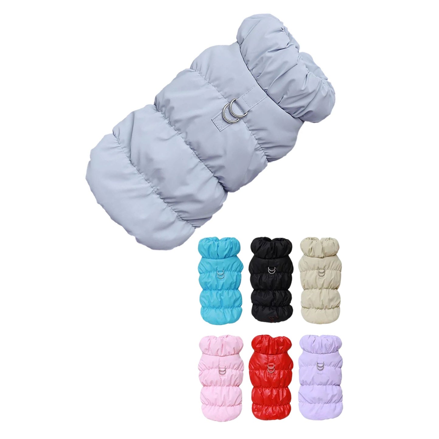 Gray quilted dog vest jacket with built-in harness from TrendyPet's Zone, designed for cozy warmth and secure fit.
