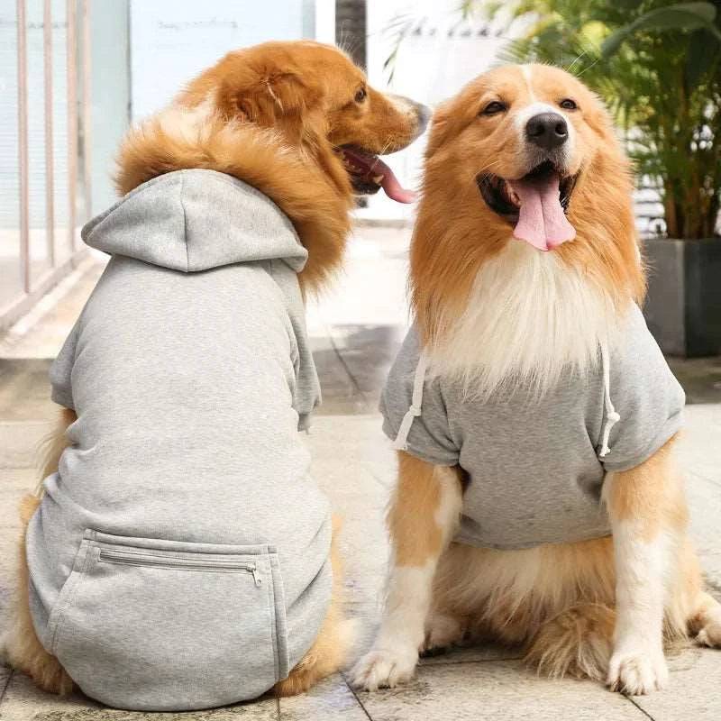 Gray cozy fleece dog hoodie with colorful plaid pattern, perfect for cold weather, from TrendyPet's Zone.