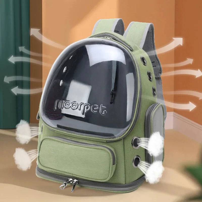 Gray astronaut-style pet backpack carrier for cats and puppies, breathable transparent space capsule for outdoor travel.