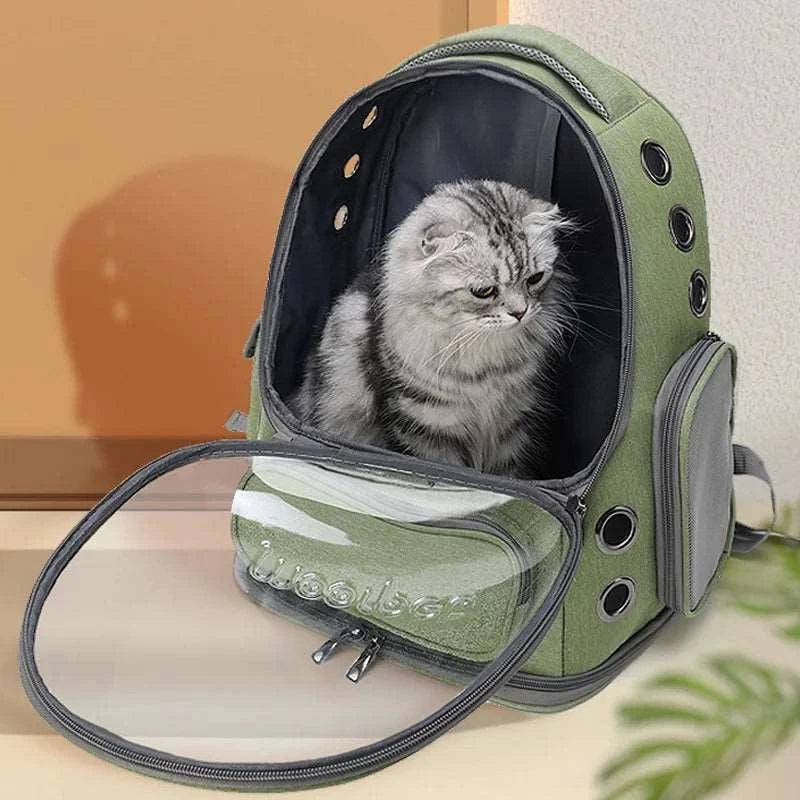 Gray pet carrier backpack by TrendyPet's Zone, transparent astronaut-style bag for cats and puppies, breathable and space capsule design.